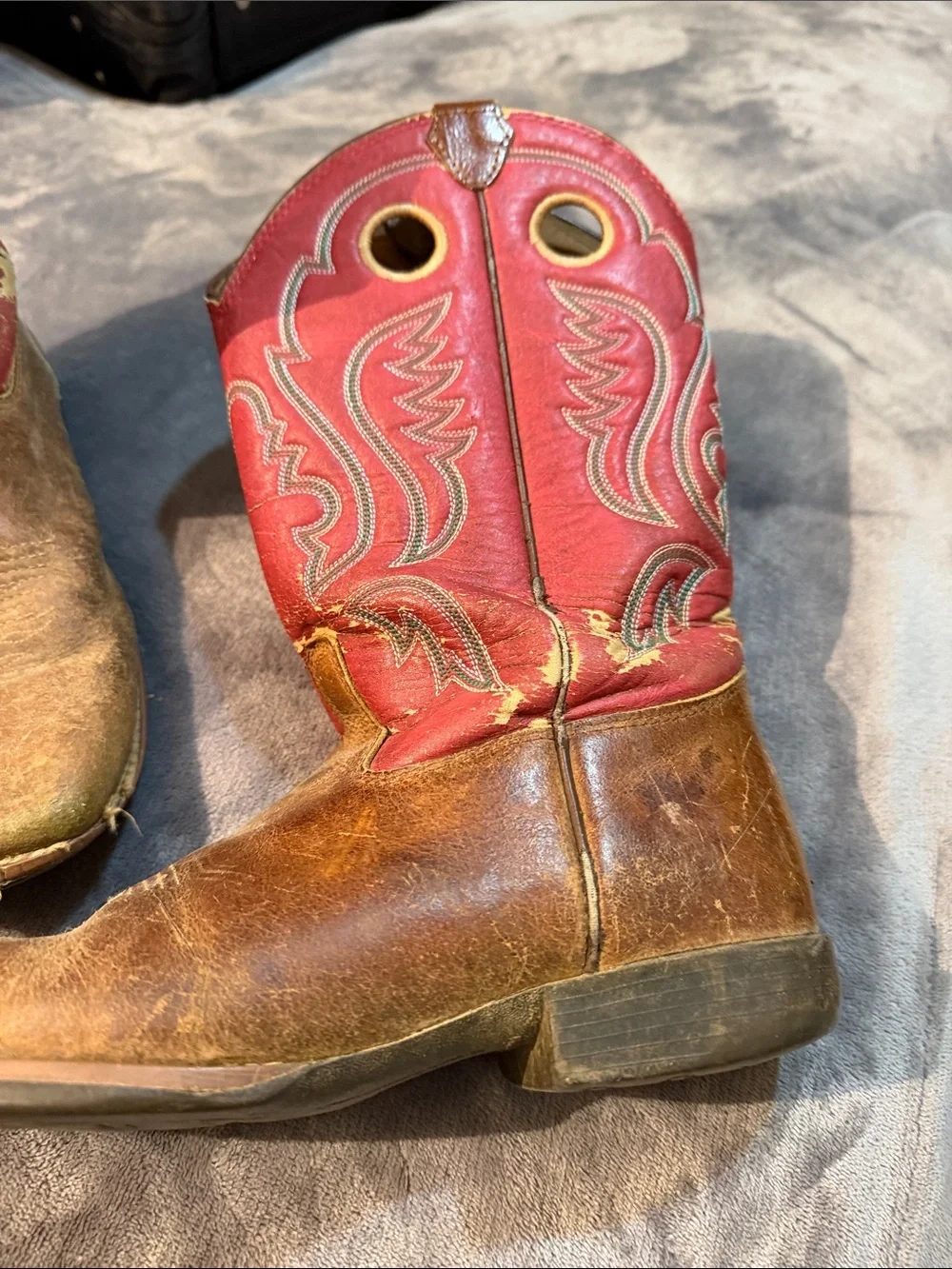 Worn Justin Boots Kids Red and Brown Western Pull-On Cowboy Boots